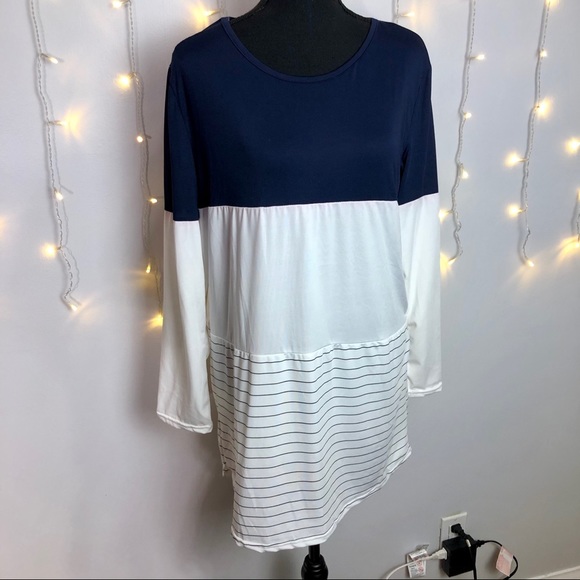 Navy blue white and striped color block tunic top - Picture 2 of 5